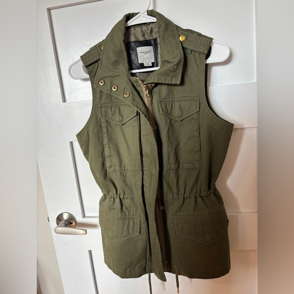 Vero Moda Olive Green Utility Vest with Gold Hardware